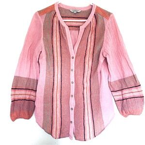 Liverpool LA Shirred Pink Cotton Boho Hippie Button Up Balloon Top Shirt Womens